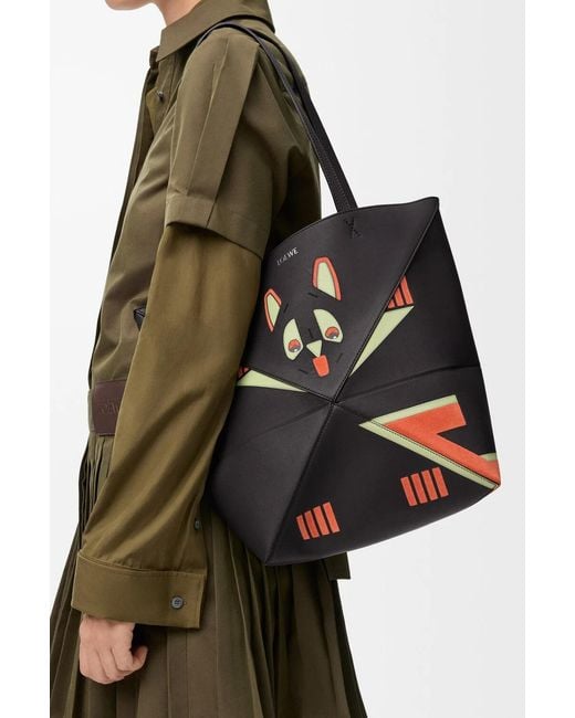 Loewe Black Futurist Cat Medium Puzzle Fold Tote Bag