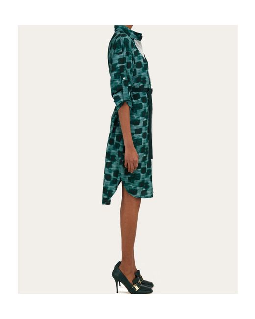 Ferragamo Green Shirt Dress With Contrasting Prints
