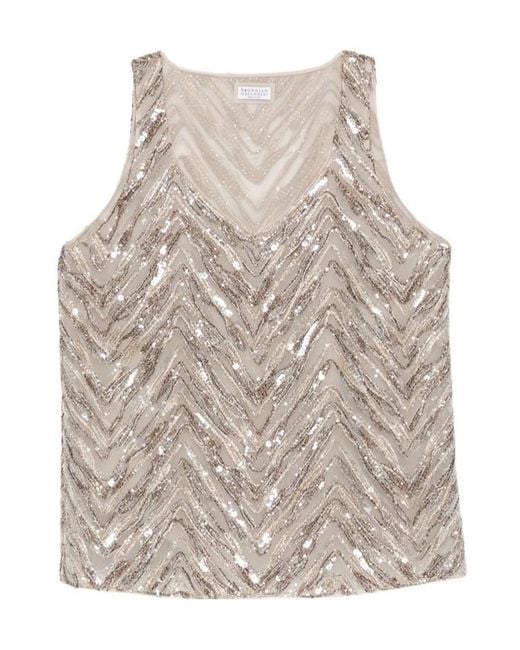Brunello Cucinelli Natural Sequin-Embellished Chevron Top