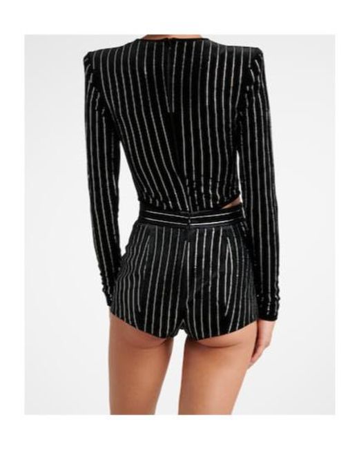 Alex Perry Black Crystal-Embellished Pinstripe Velvet Bodysuit