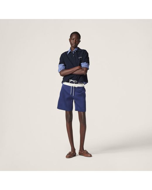 Miu Miu Blue Contrasting-Waistband Drawstring Satin Shorts