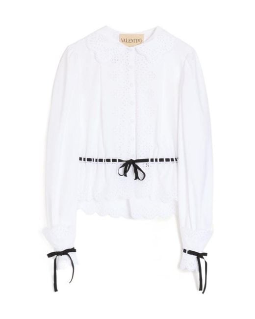 Valentino White Embroidered Tie Detailed Long-Sleeve Shirt