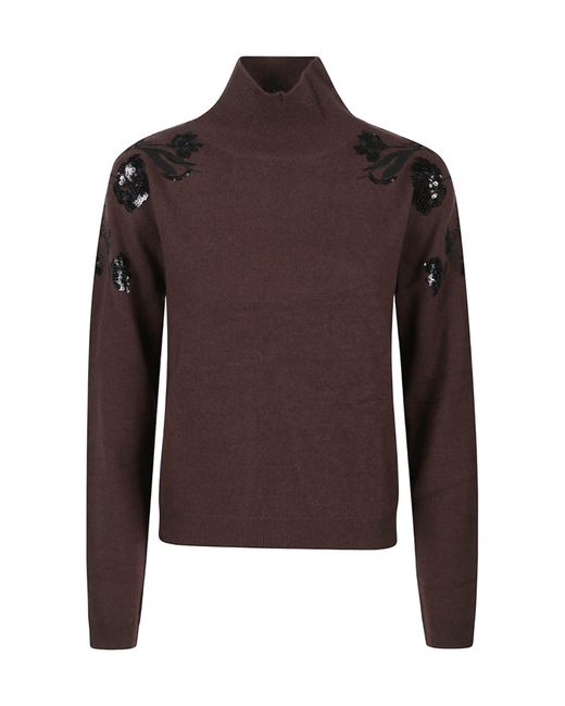 ERMANNO FIRENZE Brown Floral-Embroidered Sequin Sweater