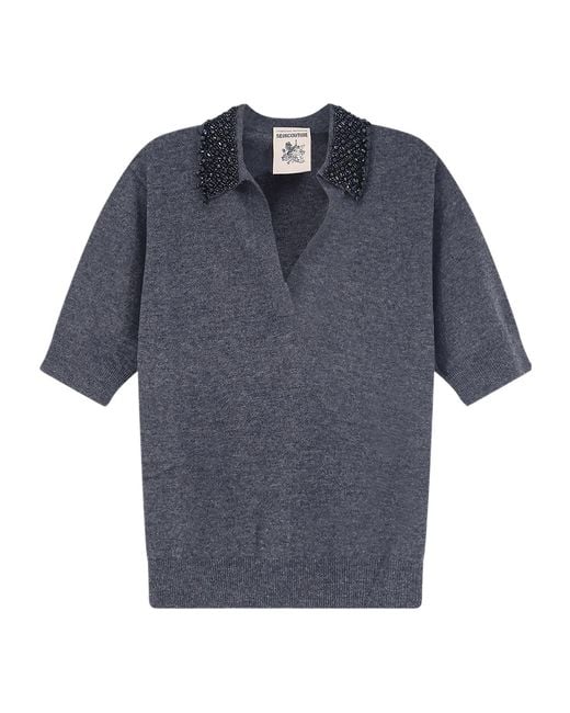 Semicouture Blue Bead-Embellished Knitted Sweater