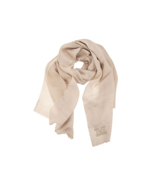 Max Mara White Logo Embroidered Fringed Scarf