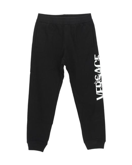 Versace Black Logo Printed Tapered Track Trousers for men