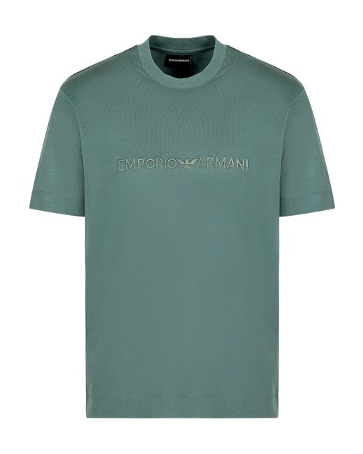 Emporio Armani Green Logo Embroidered Crewneck T-Shirt for men