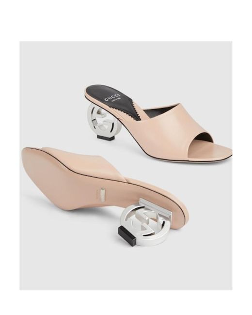 Gucci Natural Interlocking G-Heel Leather Mules