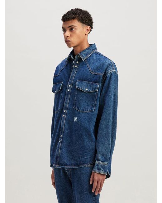 Palm Angels Blue Logo-Embroidered Drop Shoulder Denim Shirt for men