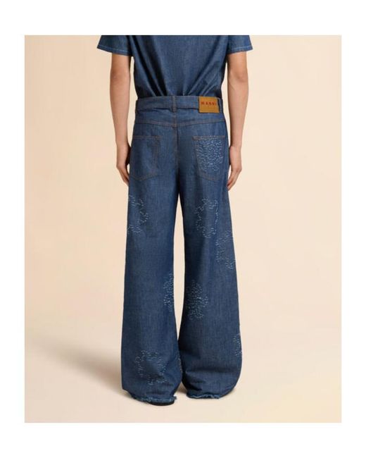 Marni Blue Frayed Sun Motif Chambray Jeans for men