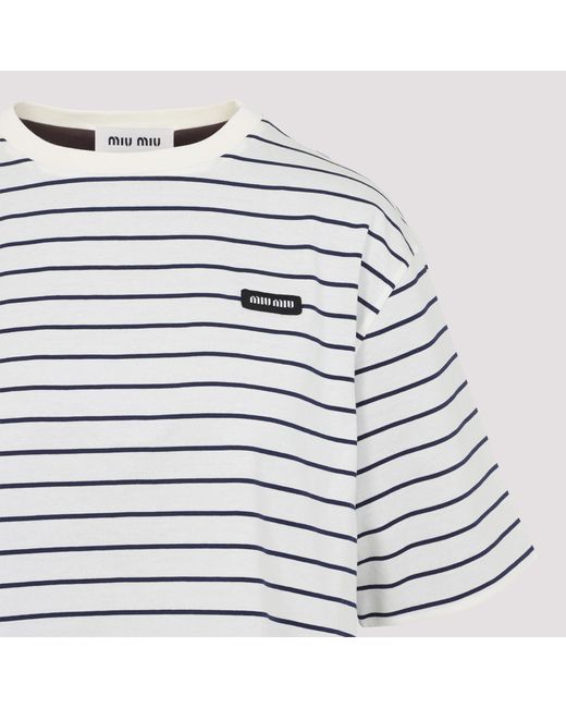 Miu Miu White Striped Crewneck T-Shirt