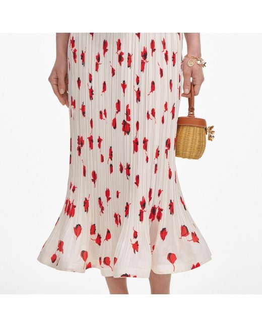 Self-Portrait Red Floral Plisse Midi Skirt