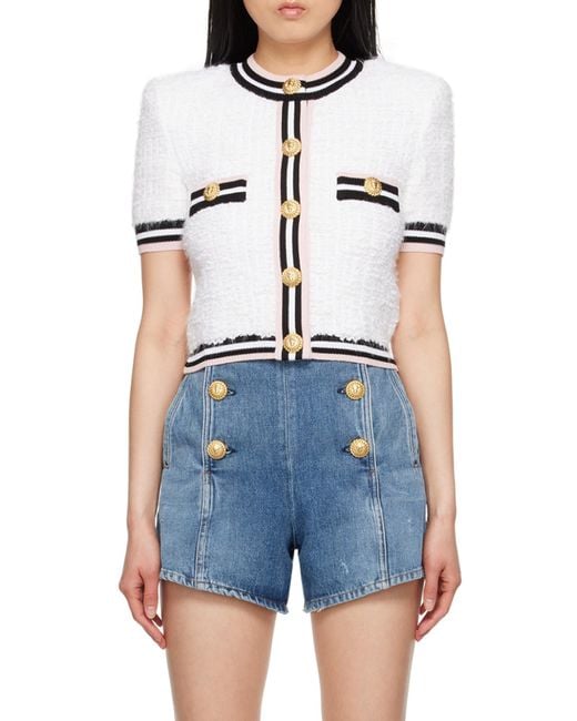 Balmain White Maze-Monogram Bouclé Cardigan