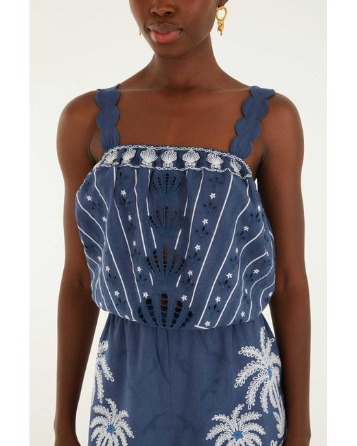 Farm Rio Blue Embroidered Jumpsuit