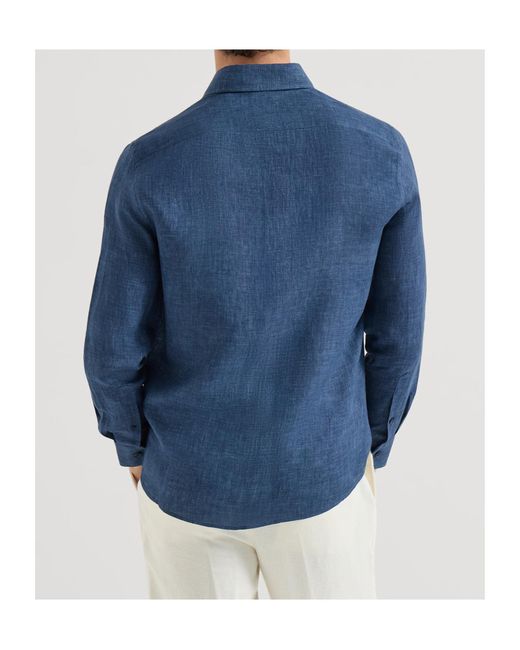 Brunello Cucinelli Blue Délavé Linen Easy Fit Shirt With Spread Collar for men
