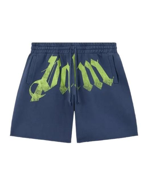 Palm Angels Blue Apos;S Big Waist Logo Cotton Drawstring Sweatshorts for men