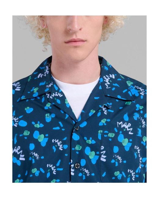 Marni Blue Allover Ink Print Cotton Sport Shirt for men