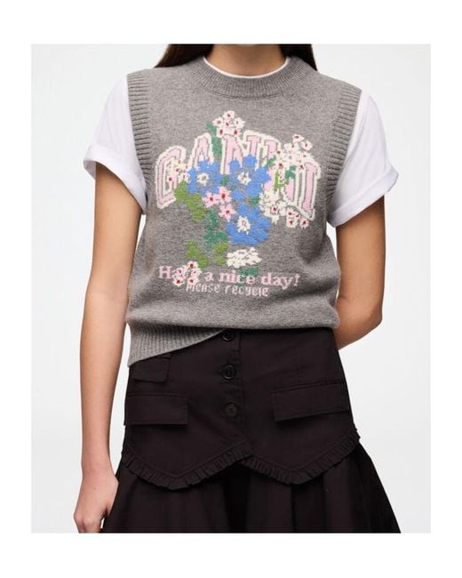 Ganni Gray Floral Jacquard Knitted Vest
