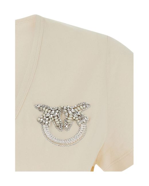 Pinko White Love Birds Embellished V-Neck T-Shirt