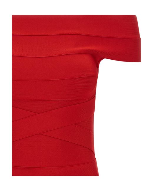 ROTATE BIRGER CHRISTENSEN Red Cross-Band Off-Shoulder Mini Dress