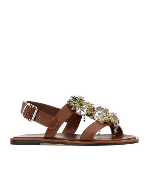 Dries Van Noten Brown Embellished Strap Flat Sandals