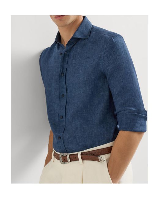 Brunello Cucinelli Blue Délavé Linen Easy Fit Shirt With Spread Collar for men