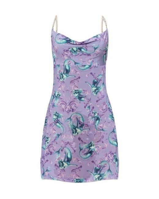 Versace Jeans Purple Couture Embellished-Strap Print Slip Dress