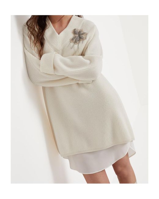 Brunello Cucinelli White V-Neck Embellished Knit Mini Dress