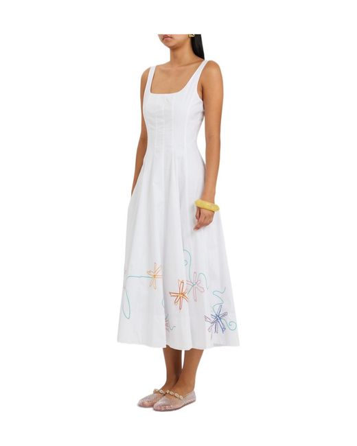 Staud White Floral-Embroidered Stretch-Cotton Midi Dress