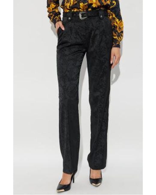 Versace Jeans Black Damask-Pattern Belted Trousers