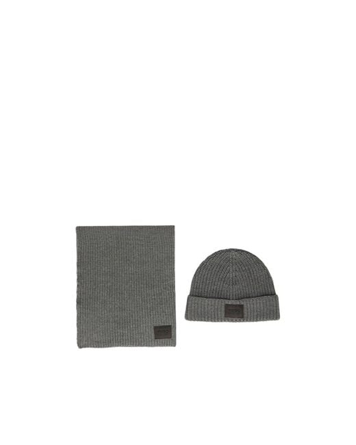 Boss Gray Ribbed Logo-Patch Beanie Hat Set for men