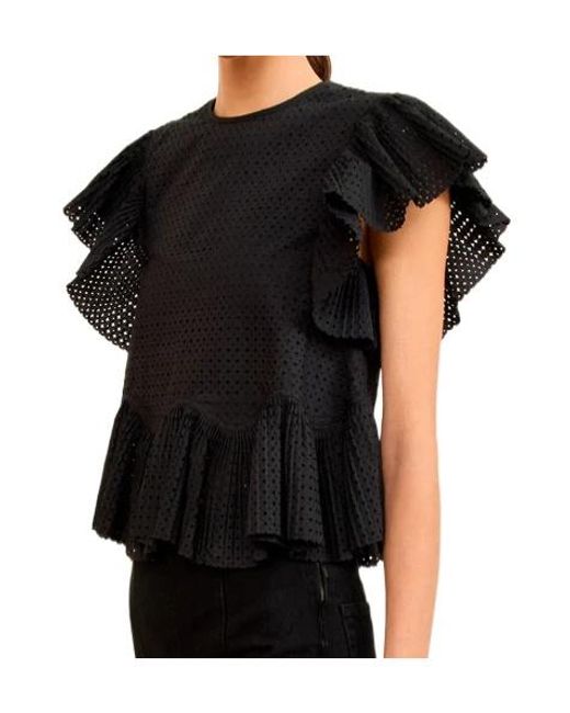 Ulla Johnson Black Clio Ruched Ruffle Top