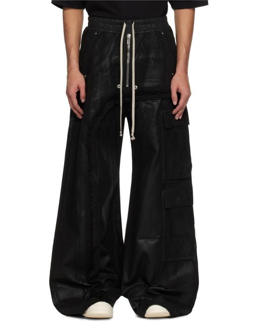 Rick Owens Black Hollywood Imbalanced Double Cargo Jumbo Belas Denim Cargo Pants for men