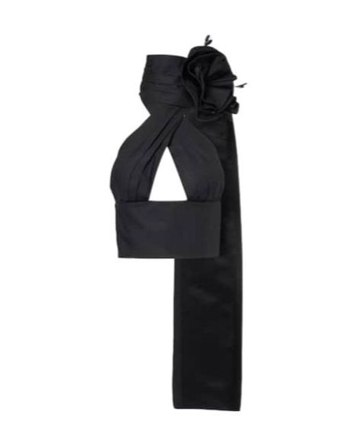 Area Black Floral-Appliqué Halterneck Cotton Poplin Top