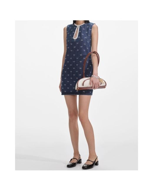 Self-Portrait Blue Crystal-Bow Denim Mini Dress
