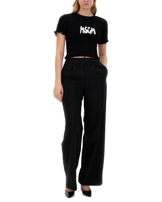 MSGM Black Logo-Printed Smocked Cropped Top