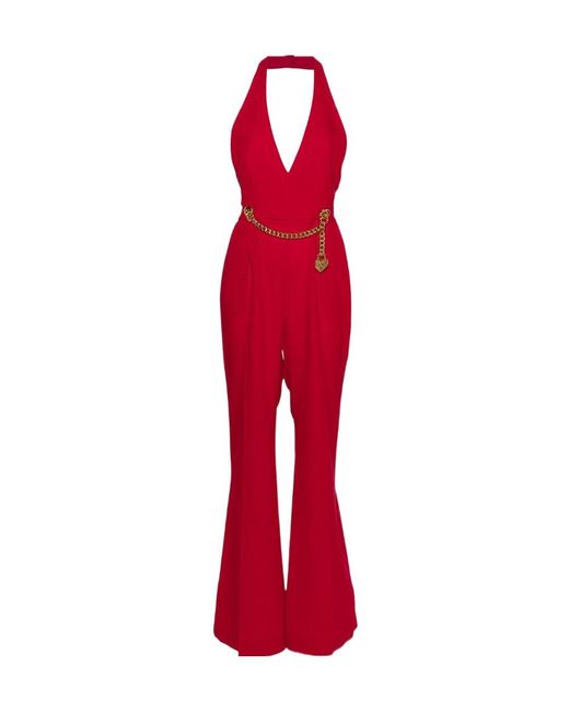 Moschino Red Chain-Embellished Open-Back Haltrneck Jumpsuit