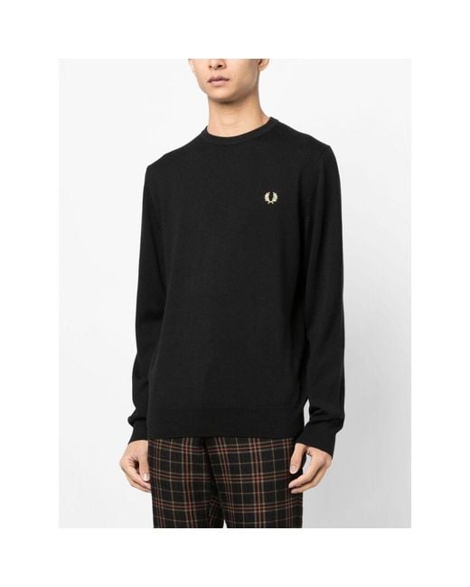 Fred Perry Black Logo-Embroidered Long-Sleeved Crewneck Jumper for men