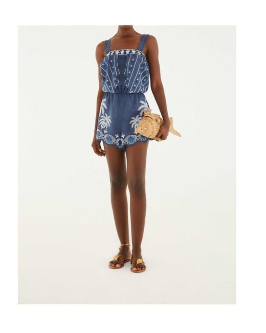 Farm Rio Blue Embroidered Jumpsuit