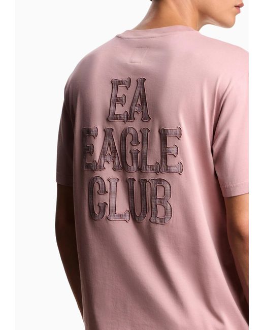 Emporio Armani Pink Pure Cotton Fitted Short-Sleeved Round Neck Plaid Appliqué Embroidered T-Shirt for men