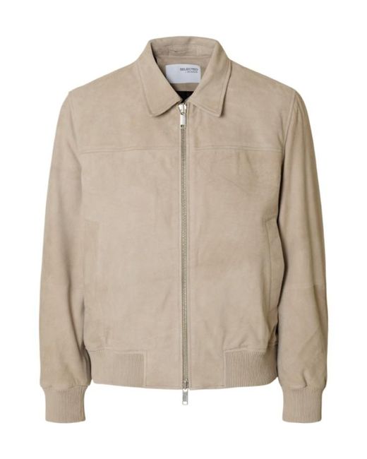 SELECTED Natural Long Sleeve Leather Jacket for men
