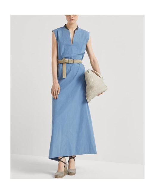 Brunello Cucinelli Blue V-Neck Sleeveless Belted Midi Dress