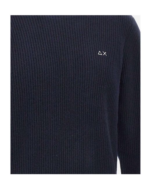 Sun 68 Blue Ribbed Crew Neck Knitted Sweater for men