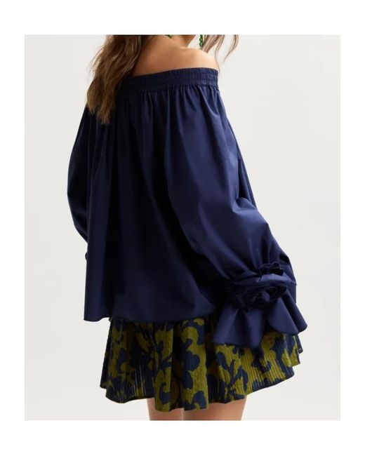 Essentiel Antwerp Blue Strapless Cotton Top With Rosette Details