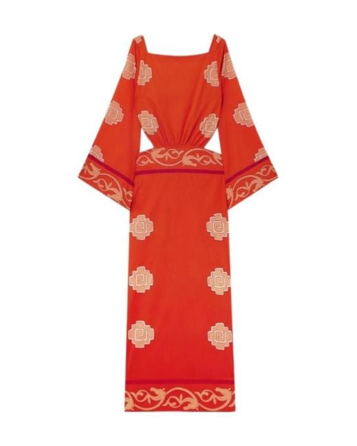 Johanna Ortiz Red Open-Back Printed Cotton-Poplin Maxi Dress
