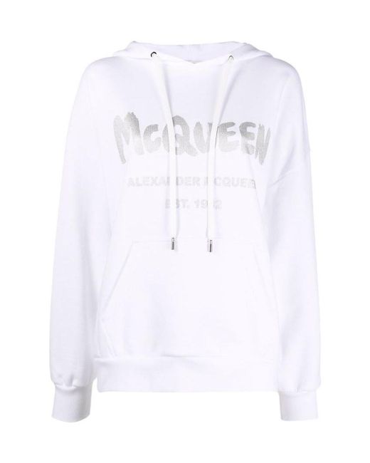McQueen White Logo Printed Drawstring Hoodie