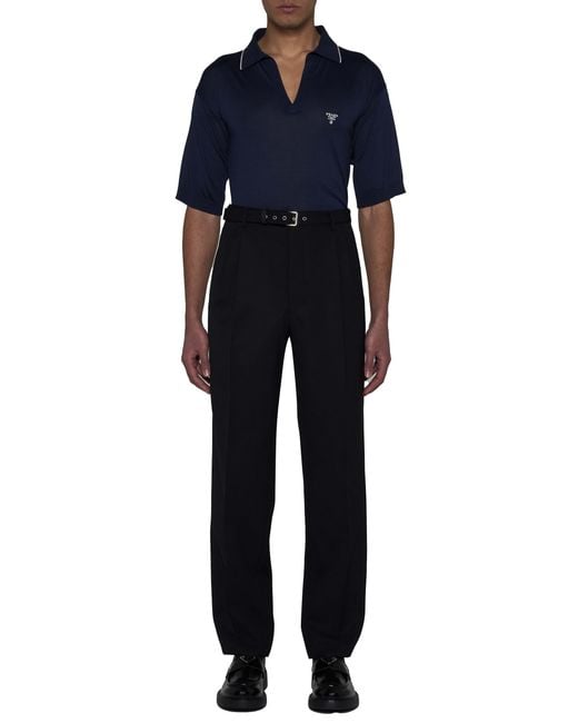 Prada Blue Logo Embroidered Short-Sleeved Knitted Polo Shirt for men