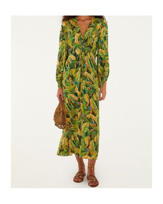 Farm Rio Green Parrot-Print Gathered-Waist Midi Dress