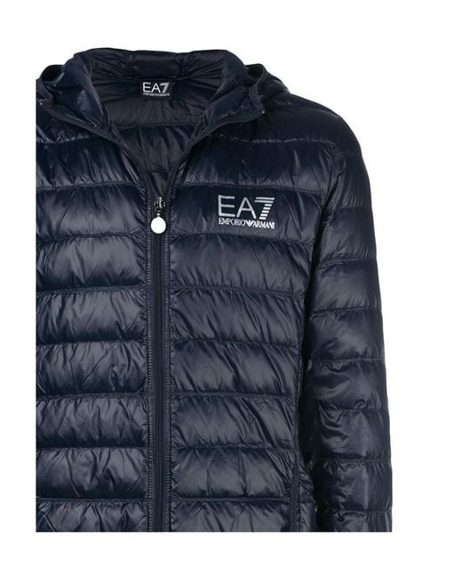 EA7 Blue Long-Sleeved Hooded Down Jacket for men