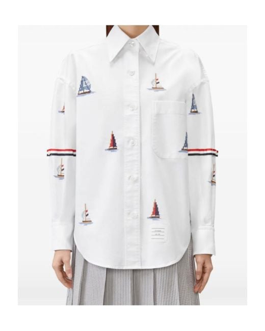 Thom Browne White Sailboat Embroidered Oversized Shirt
